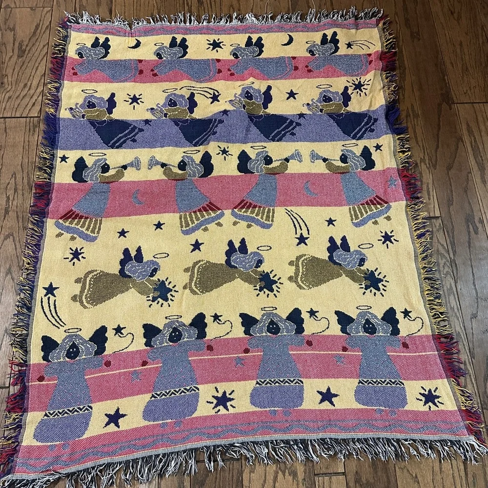 Vintage Angel Tapestry Throw Blanket Christmas Woven Fringe Nativity 44x55”